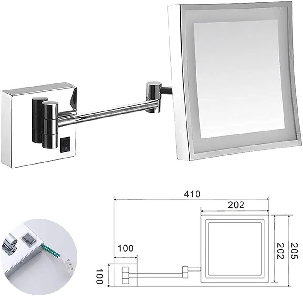 Wall Mounted Mirrors Makeup Shaving Mirror Led Lighted Bathroom Mirror for Hotel Vanity with Adjustable Extendable Square 8 Inch 3X Magnification Cosmetic Mirror(Chrome)