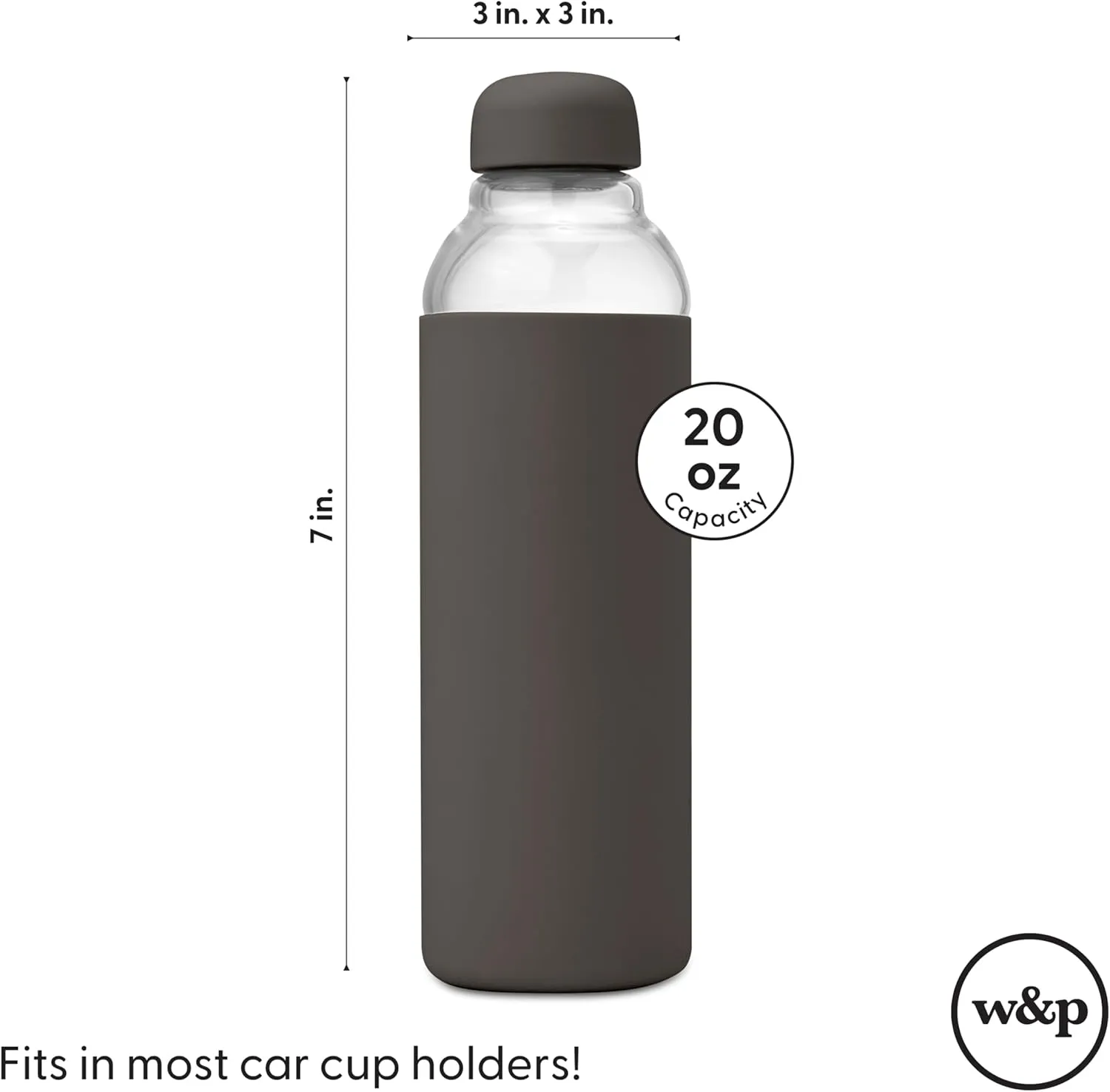 W&P Porter Glass Water Bottle w/Protective Silicone Sleeve | Terazzo Charcoal 20 Ounces | On-the-Go | Reusable Bottle for Coffee, Tea and Water | Portable
