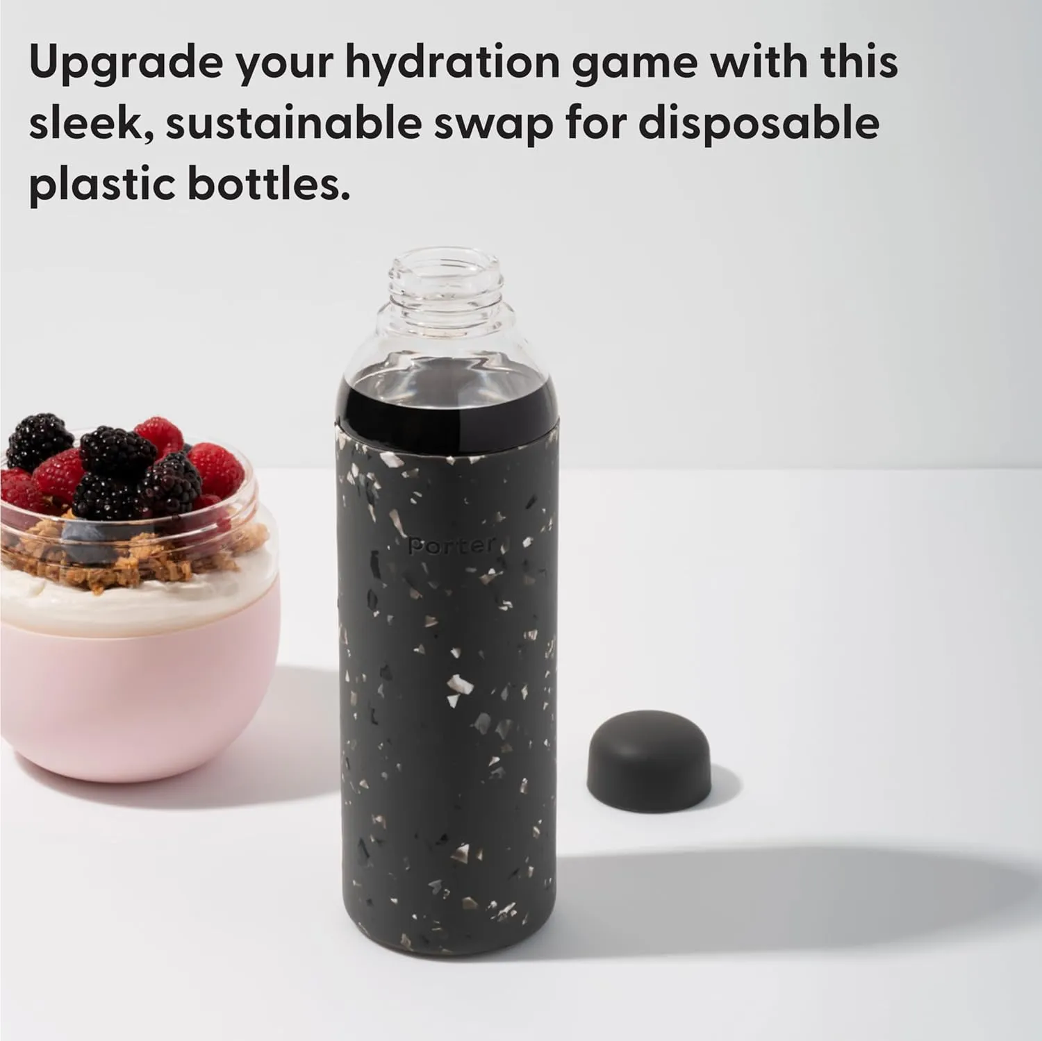 W&P Porter Glass Water Bottle w/Protective Silicone Sleeve | Terazzo Charcoal 20 Ounces | On-the-Go | Reusable Bottle for Coffee, Tea and Water | Portable