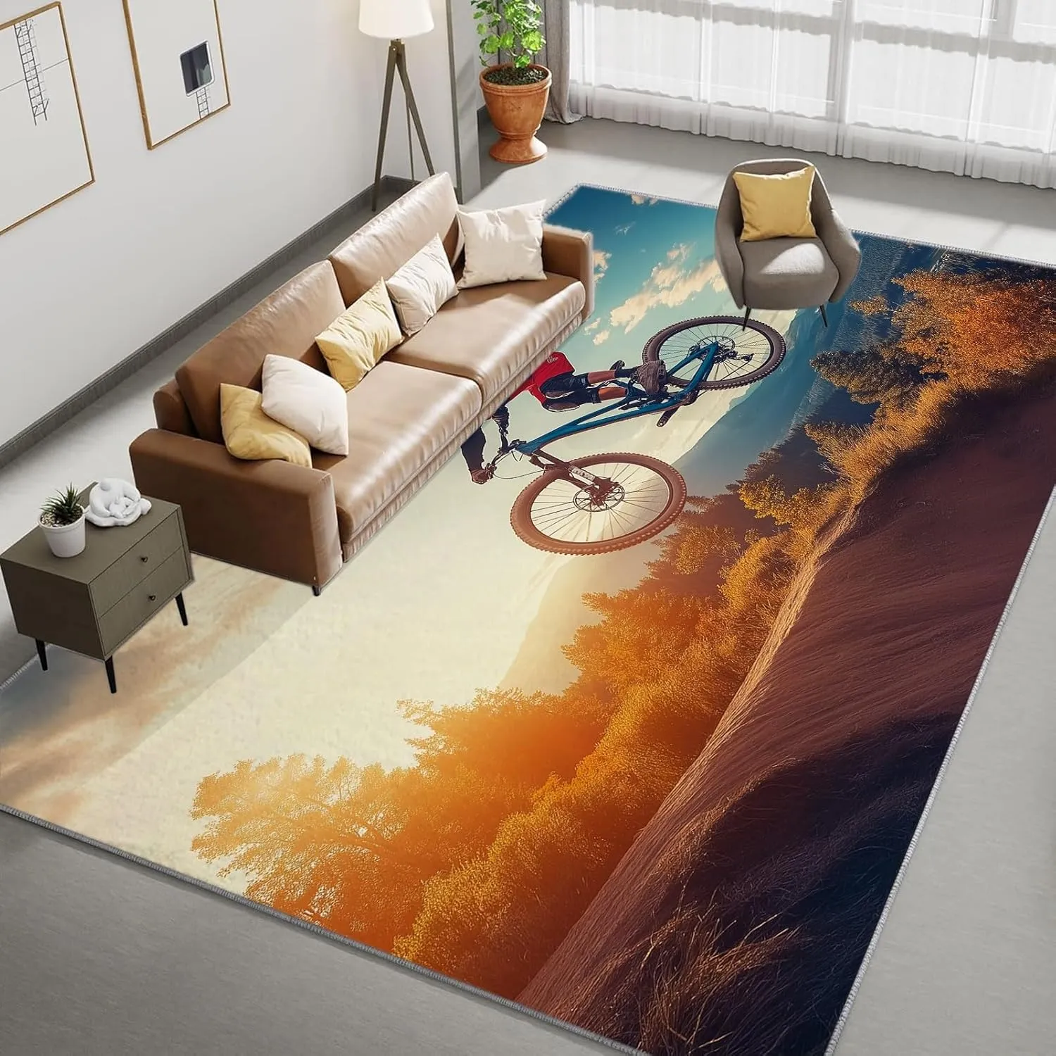 Washable Rug 5x7 ft Modern Area Rug Mountain Bike Sports Living Room Rug, Non Slip Machine Washble Rug Soft Low Pile Bedroom Rug Lightweight Rug Carpet for Home Dinning Room