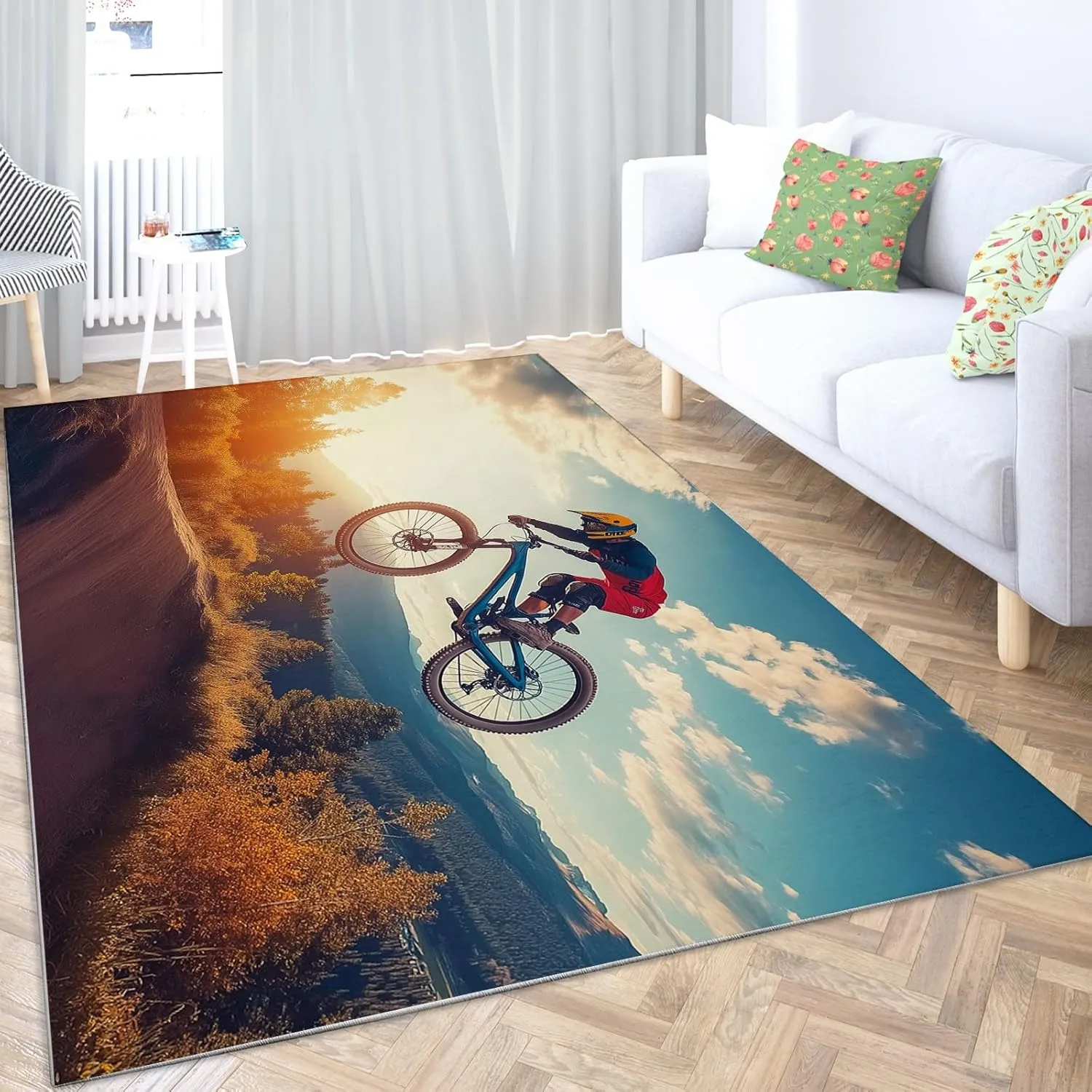 Washable Rug 5x7 ft Modern Area Rug Mountain Bike Sports Living Room Rug, Non Slip Machine Washble Rug Soft Low Pile Bedroom Rug Lightweight Rug Carpet for Home Dinning Room