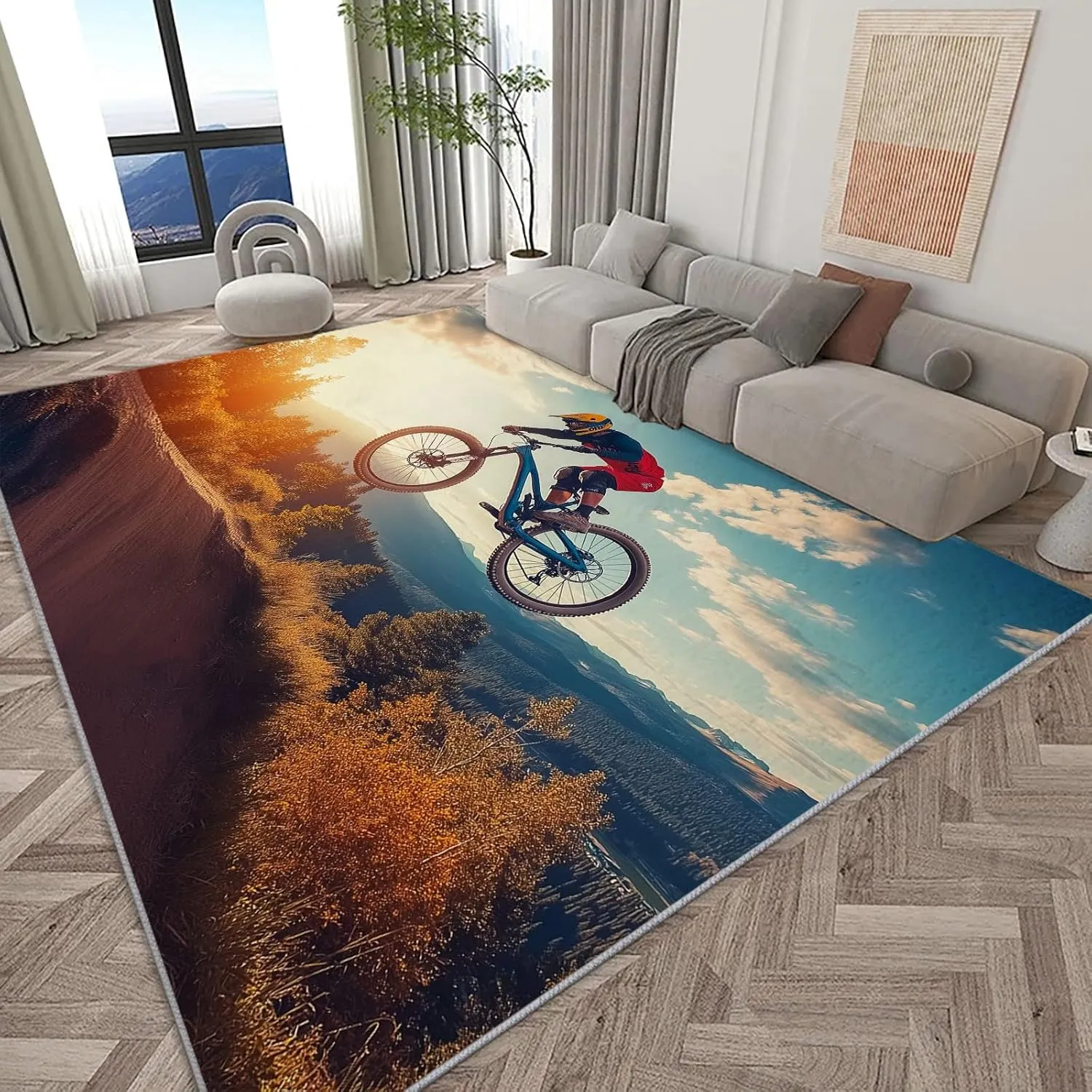 Washable Rug 5x7 ft Modern Area Rug Mountain Bike Sports Living Room Rug, Non Slip Machine Washble Rug Soft Low Pile Bedroom Rug Lightweight Rug Carpet for Home Dinning Room