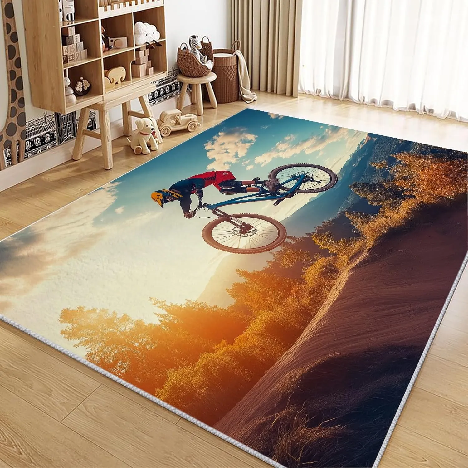 Washable Rug 5x7 ft Modern Area Rug Mountain Bike Sports Living Room Rug, Non Slip Machine Washble Rug Soft Low Pile Bedroom Rug Lightweight Rug Carpet for Home Dinning Room