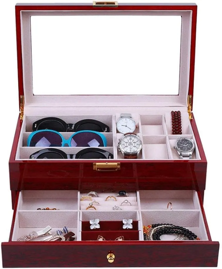 Watch Jewelry Box Watch Sunglasses Display Case Organizer Double-La Glas Top Jewelry Storage Box