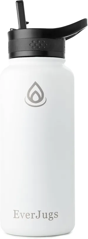 Water Bottle - 32 Oz, Wide Mouth, Premium Stainless Steel Bottle with Straw Lid, Double Walled Vacuum Insulated, Thermo Mug, Metal Flask, Leak Proof, Eco-Friendly
