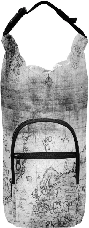 Water Bottle Sling Sleeve Bag, Bottle Carrier Holder Case Cover with Removable Strap Travel Mug Cup Storage with Pockets Print Ancient Map of The World Black White