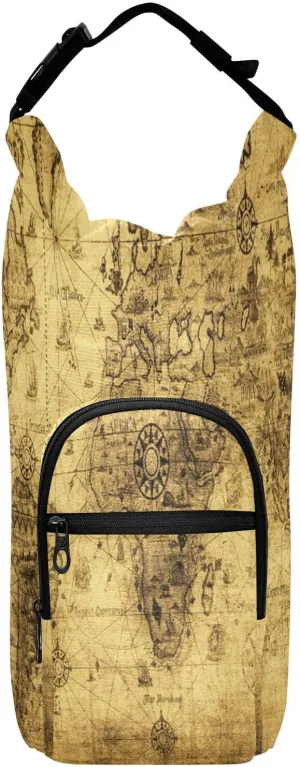 Water Bottle Sling Sleeve Bag, Bottle Carrier Holder Case Cover with Removable Strap Travel Mug Cup Storage with Pockets Print Ancient Map of The World Vintage