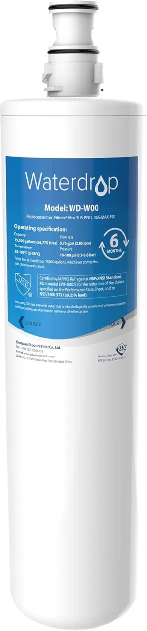Waterdrop 3US-MAX-F01 3US-PF01 Maximum Under Sink Water Filter, Replacement for Filtrete® Advanced 3US-PF01, 3US-MAX-F01, 3US-PS01, 3US-MAX-S01, Manitowoc K-00337, K-00338, NSF/ANSI 42 Certified