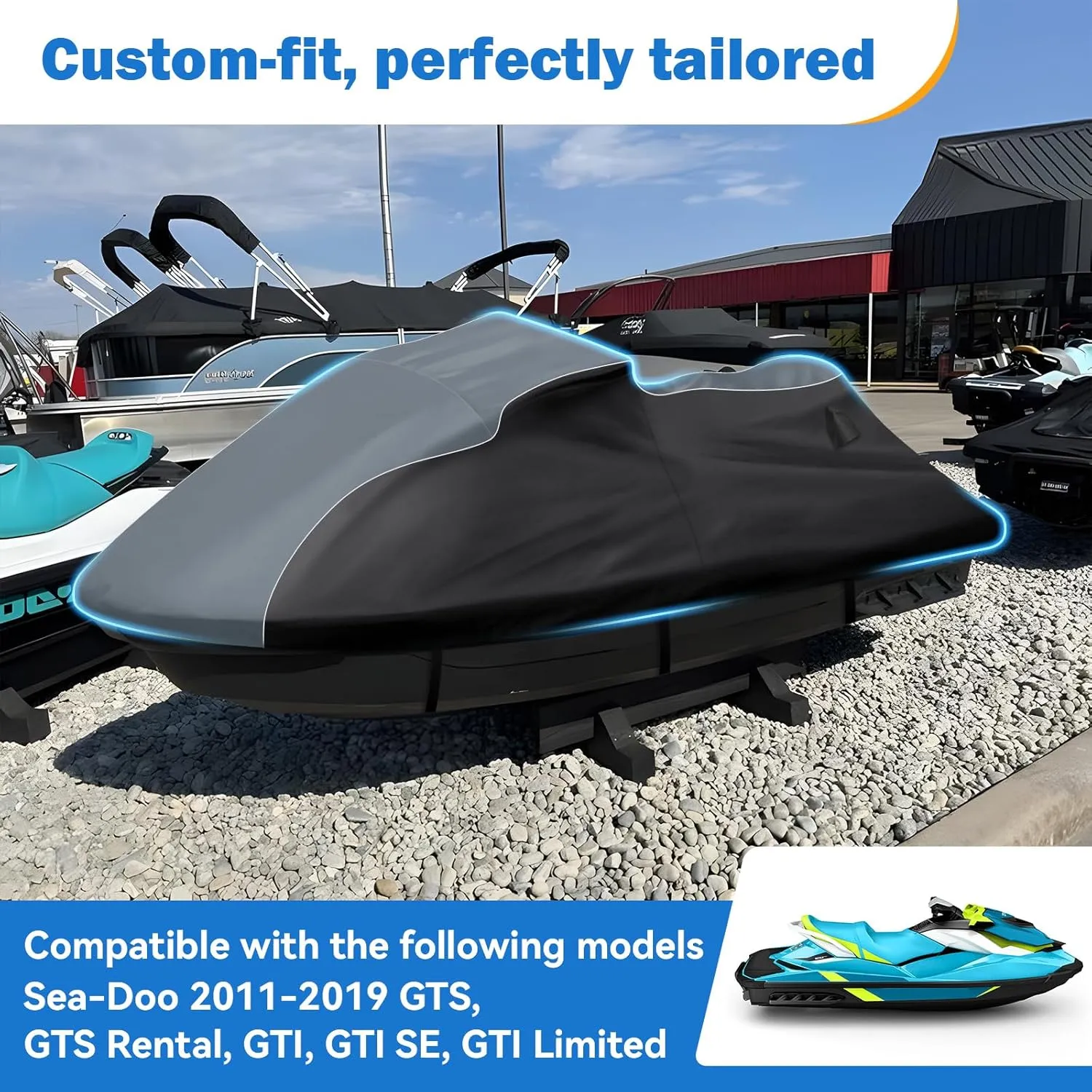 Waterproof Jet Ski Cover for Sea-doo 2011-2019 GTS, GTS Rental, GTI, GTI SE, GTI Limited, 600D Heavy Duty Oxford Jetski Covers, Trailerable Jetski Cover