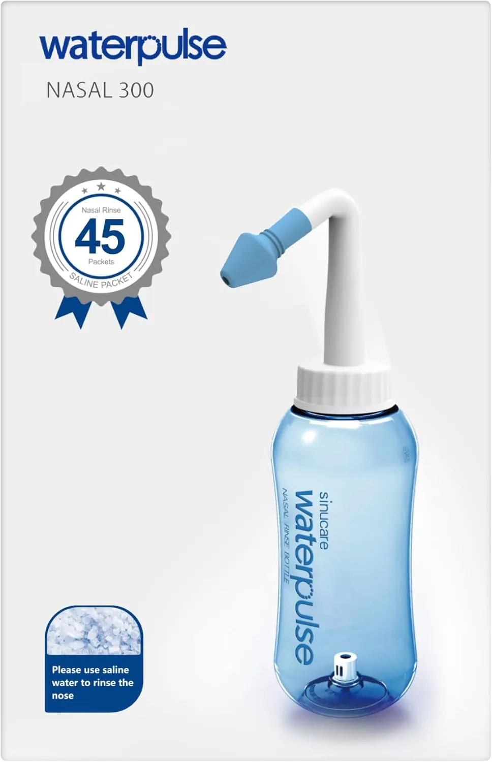 WATERPULSE Neti Pot, Sinus Rinse Nasal Wash 300ML Neti-Pot with 45 Nasal Wash Salt Packets and Sticker Thermometer，Nose Washing Cleaner Bottle Cleaner Pressure Irrigation for Adult & Kid BPA Free