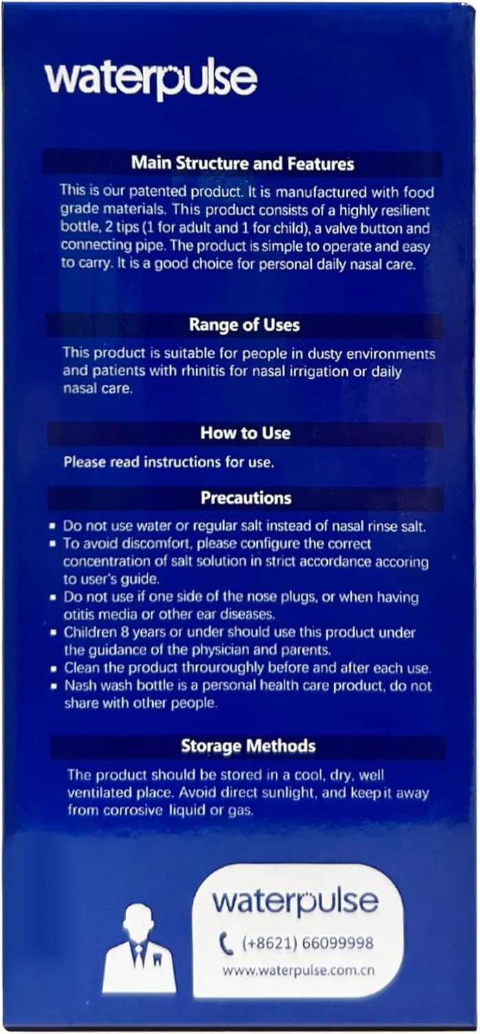 WATERPULSE Neti Pot, Sinus Rinse Nasal Wash 300ML Neti-Pot with 45 Nasal Wash Salt Packets and Sticker Thermometer，Nose Washing Cleaner Bottle Cleaner Pressure Irrigation for Adult & Kid BPA Free