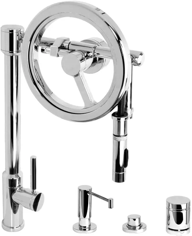 Waterstone 5125-4-AB Endeavor Wheel Pulldown Faucet Toggle Sprayer 4pc Suite Antique Brass