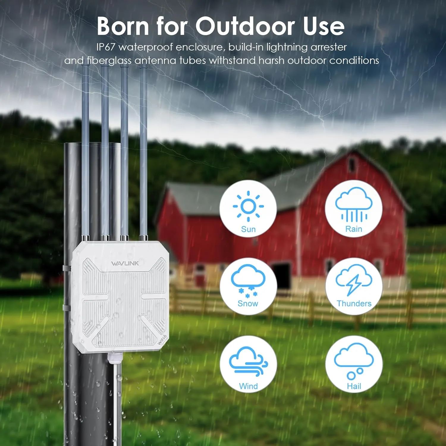WAVLINK AX3000 Outdoor WiFi 6 Extender Long Range, Outdoor Wireless Access Point, Active PoE, 4x8dBi Antennas,Work with Starlink/Repeater/Router,IP67,Up to 256 Devices for Farm,Yard,RV