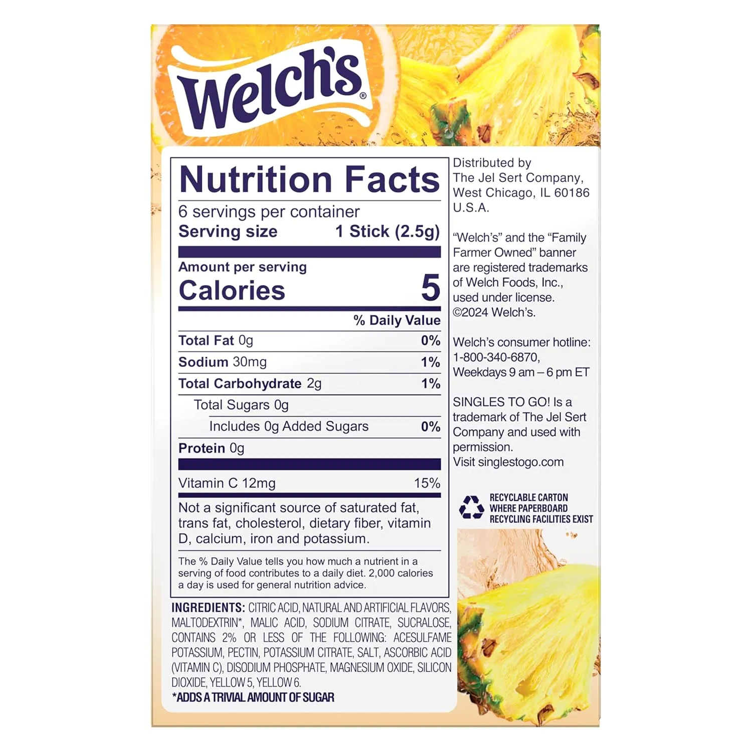 Welch's Singles To Go Water Drink Mix - Powder Sticks, 12 Boxes with 6 Packets Each - 72 Total Servings, Orange Pineapple, Pack of 12