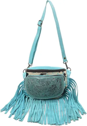 Western Fashion Waist Pouch for Women - Turquoise Genuine Cowhide Tooled Leather Highland Cow Fenny Bag with Suede Fringes Cowgirl Fenny Bag