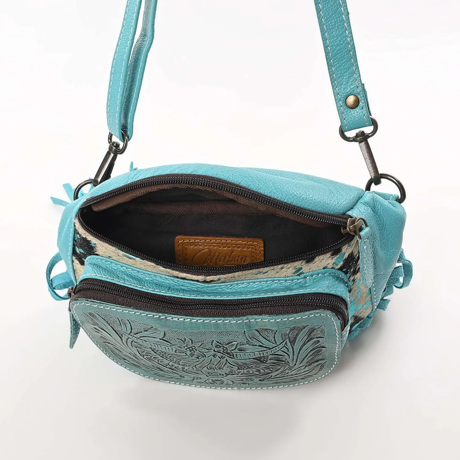 Western Fashion Waist Pouch for Women - Turquoise Genuine Cowhide Tooled Leather Highland Cow Fenny Bag with Suede Fringes Cowgirl Fenny Bag