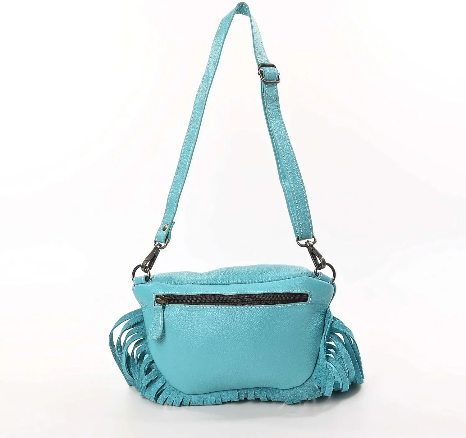 Western Fashion Waist Pouch for Women - Turquoise Genuine Cowhide Tooled Leather Highland Cow Fenny Bag with Suede Fringes Cowgirl Fenny Bag