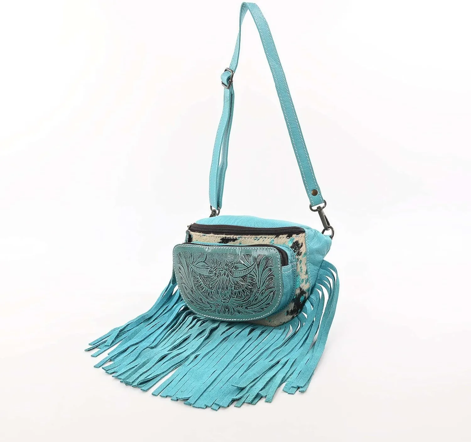 Western Fashion Waist Pouch for Women - Turquoise Genuine Cowhide Tooled Leather Highland Cow Fenny Bag with Suede Fringes Cowgirl Fenny Bag