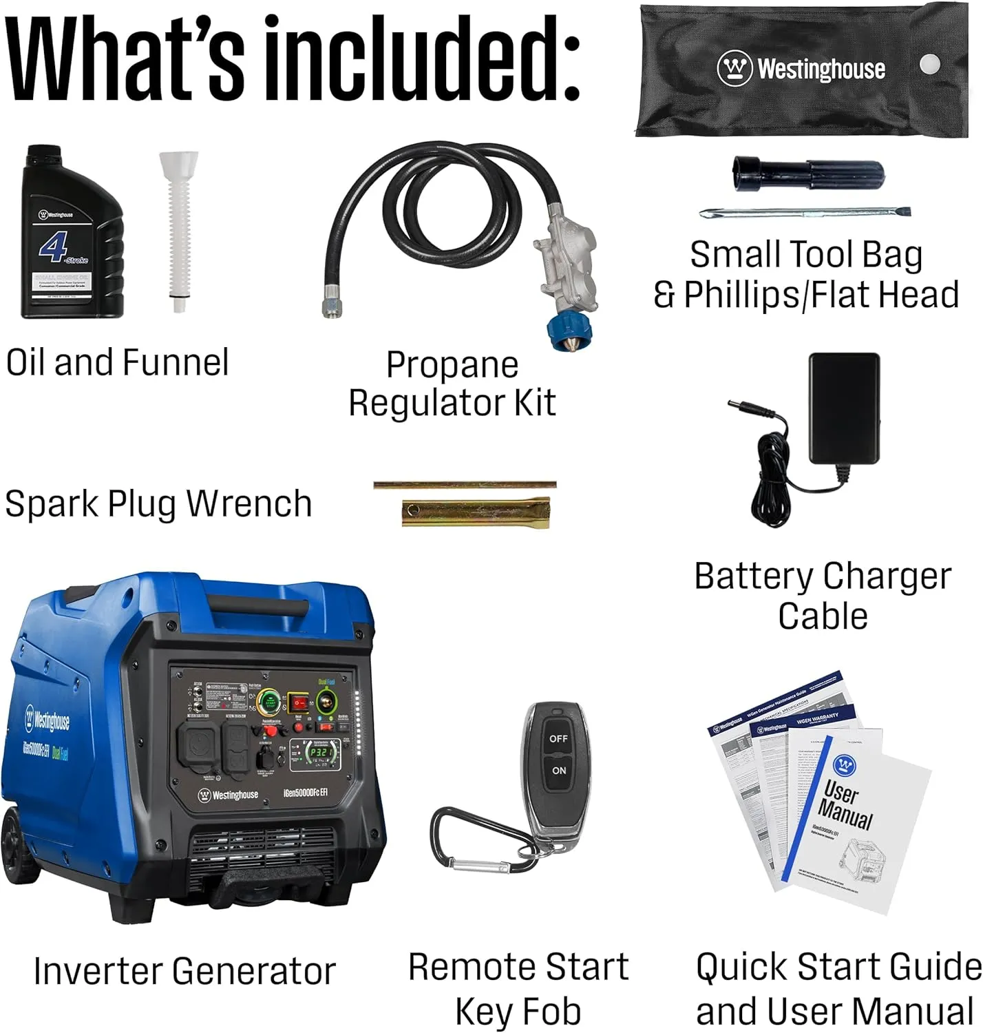 Westinghouse 5000 Peak Watt Super Quiet Dual Fuel Portable Inverter EFI Generator, Remote Electric Start, Gas & Propane Powered, RV Ready, CO Sensor, Parallel Capable
