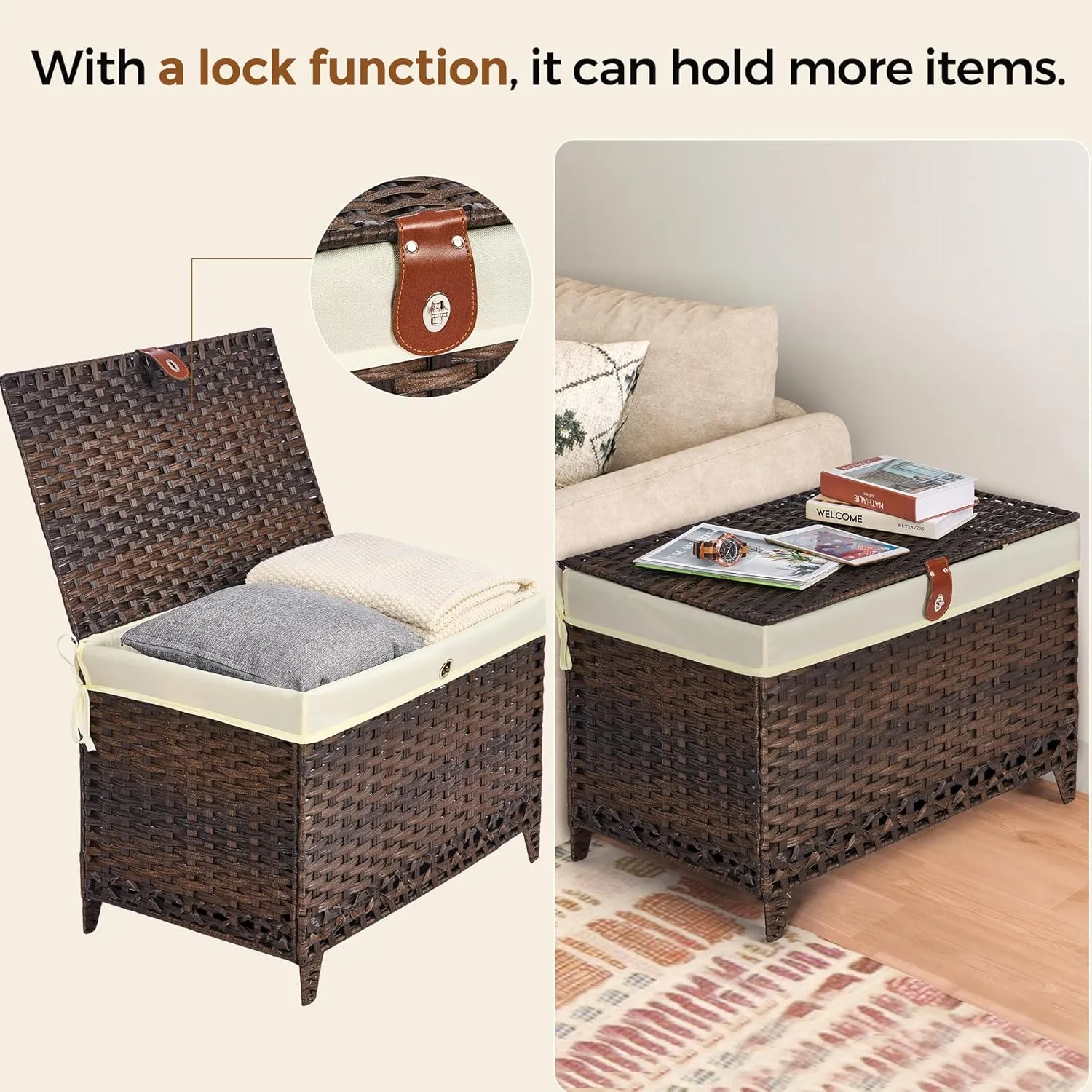 Wicker Storage Basket with Lid,Rattan Shelf Basket with Removable Liner Bag,200L Storage Bin,Storage Trunk with Heightened Feet,Storage Container for Wardrobe,Home Organizer