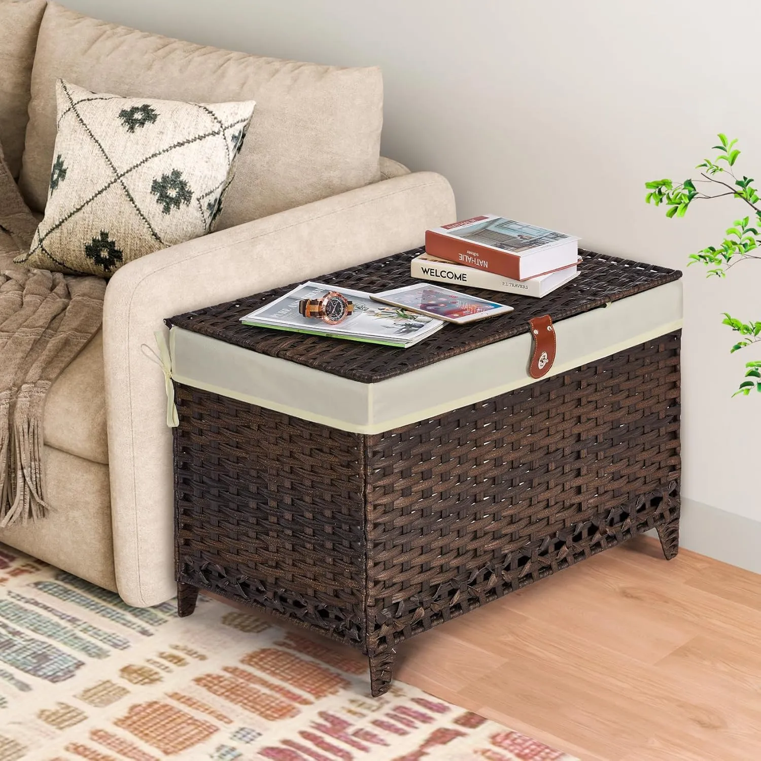 Wicker Storage Basket with Lid,Rattan Shelf Basket with Removable Liner Bag,200L Storage Bin,Storage Trunk with Heightened Feet,Storage Container for Wardrobe,Home Organizer