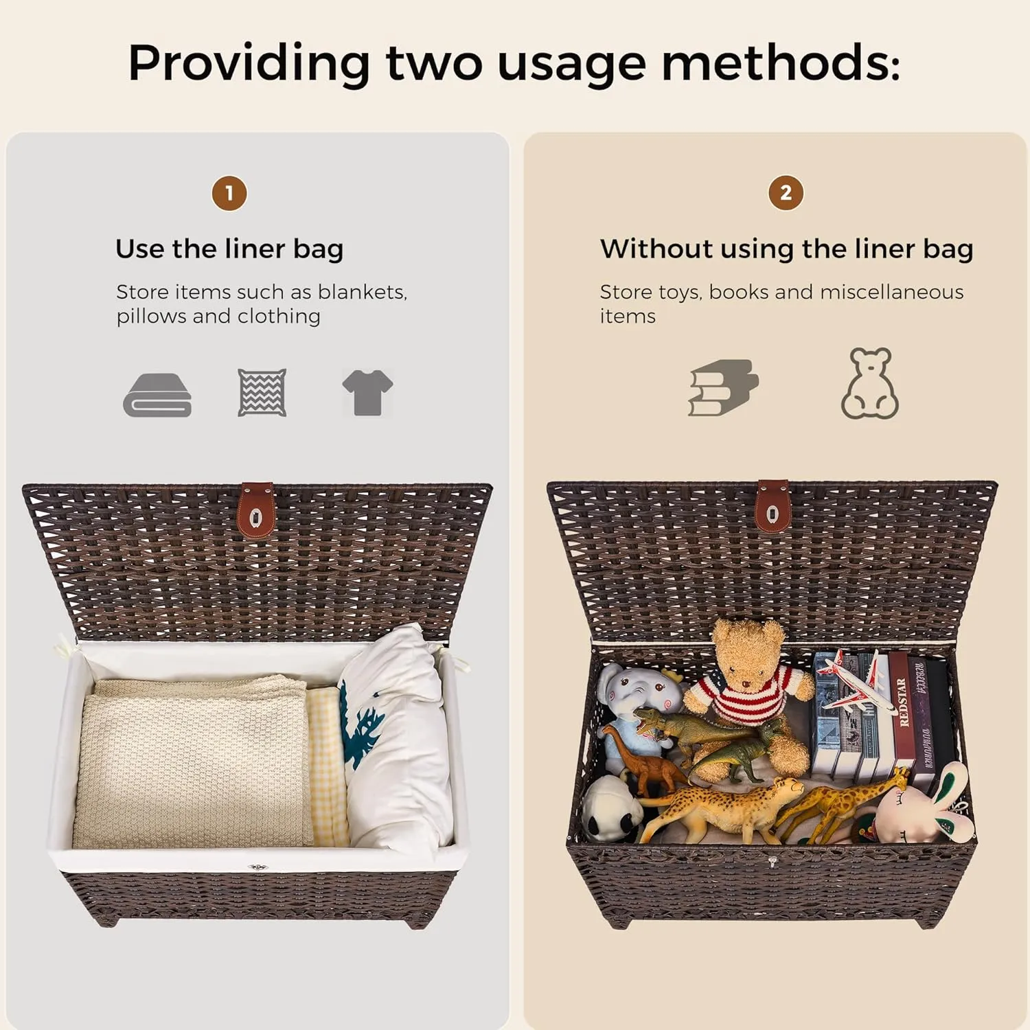 Wicker Storage Basket with Lid,Rattan Shelf Basket with Removable Liner Bag,200L Storage Bin,Storage Trunk with Heightened Feet,Storage Container for Wardrobe,Home Organizer
