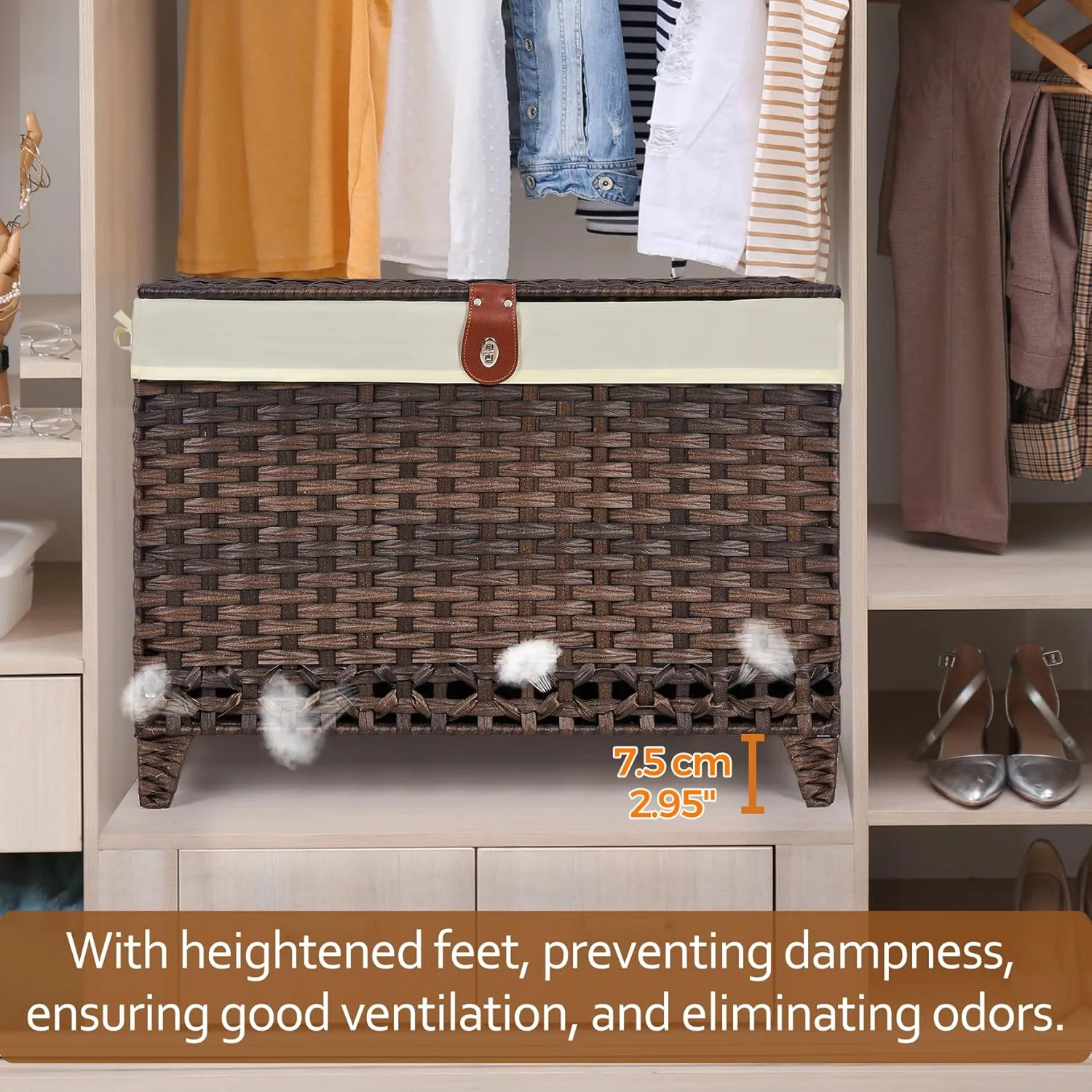 Wicker Storage Basket with Lid,Rattan Shelf Basket with Removable Liner Bag,200L Storage Bin,Storage Trunk with Heightened Feet,Storage Container for Wardrobe,Home Organizer