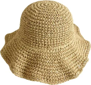 Wide Brim Beach Hats for Women Fashionable Floppy Straw Bucket Packable Sun Hat Summer Travel Caps (Color : Khaki, Size : One Size)