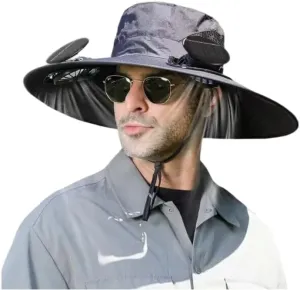 Wide Brim Solar Fan Outdoor Fishing Hat, 2 Solar Fan Hats for Men, USB & Solar Powered Fan Hat,for Men Fishing UPF 50 