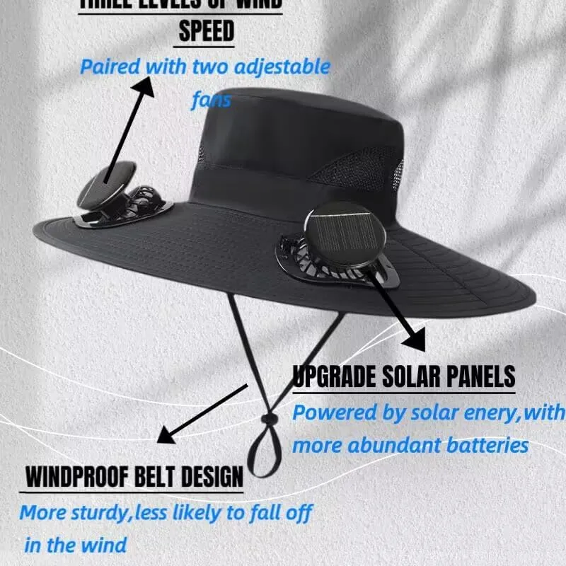 Wide Brim Solar Fan Outdoor Fishing Hat, 2 Solar Fan Hats for Men, USB & Solar Powered Fan Hat,for Men Fishing UPF 50 