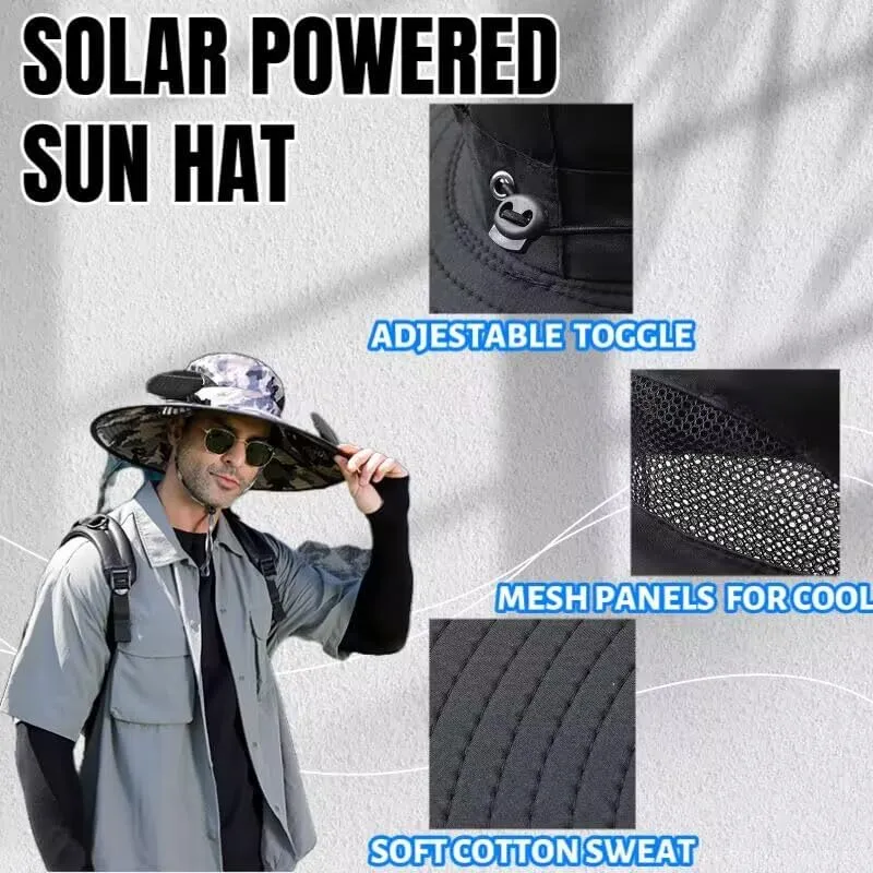 Wide Brim Solar Fan Outdoor Fishing Hat, 2 Solar Fan Hats for Men, USB & Solar Powered Fan Hat,for Men Fishing UPF 50 