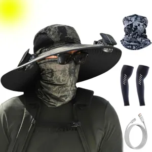 Wide Brim Solar Fan Outdoor Fishing Hat-Solar & USB Charging, Outdoor Solar Fan Hat UPF 50  for Fishing, Camping