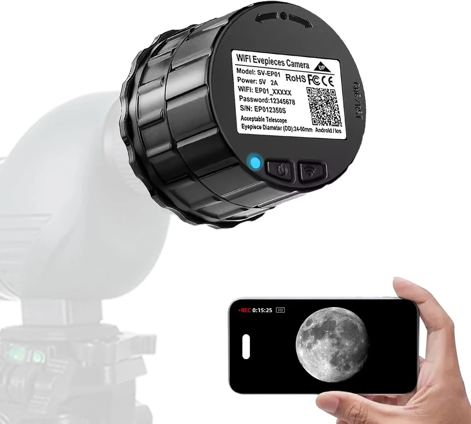 WiFi Telescope Eyepiece Camera for 24mm-50mm Microscopes, Spotting Scopes, Binoculars & Digital Telescope Accessories - 32GB Storage, Ideal for Moon, Bird Watching