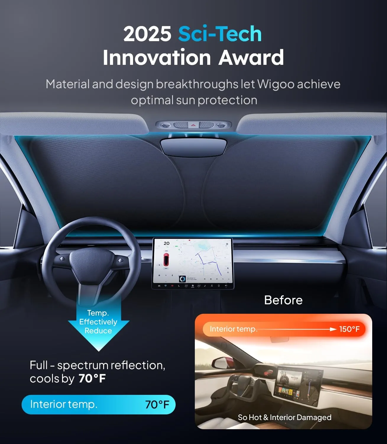 Wigoo 2025 Tesla New Model Y Accessories Windshield Sunshade [OEM Design, 100% Sun Blockage] Foldable Heat Insulation Sunshade with Storage Bag, for Model Y 2016~2025 (Juniper), Silver Coating