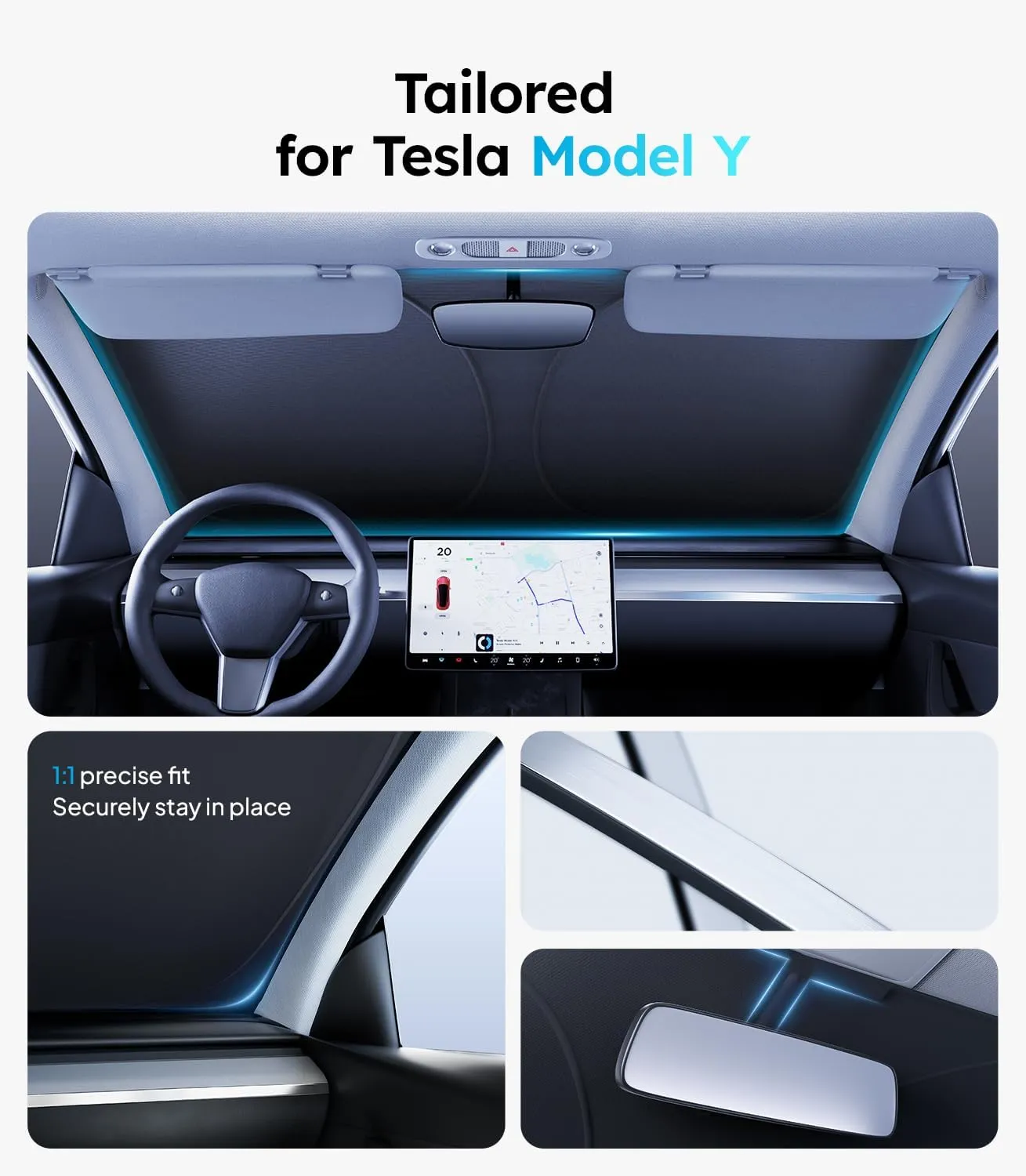 Wigoo 2025 Tesla New Model Y Accessories Windshield Sunshade [OEM Design, 100% Sun Blockage] Foldable Heat Insulation Sunshade with Storage Bag, for Model Y 2016~2025 (Juniper), Silver Coating