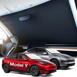 Wigoo 2025 Tesla New Model Y Accessories Windshield Sunshade [OEM Design, 100% Sun Blockage] Foldable Heat Insulation Sunshade with Storage Bag, for Model Y 2016~2025 (Juniper), Silver Coating