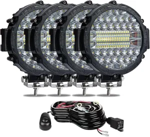 WINBANG 7 Inch Round LED Light Bar, 4PCS 201W Driving Light Bar Fog Lights Combo Beam LED Off Road Lighting with Wiring Harness for Pickup SUV ATV UTV Truck Lights