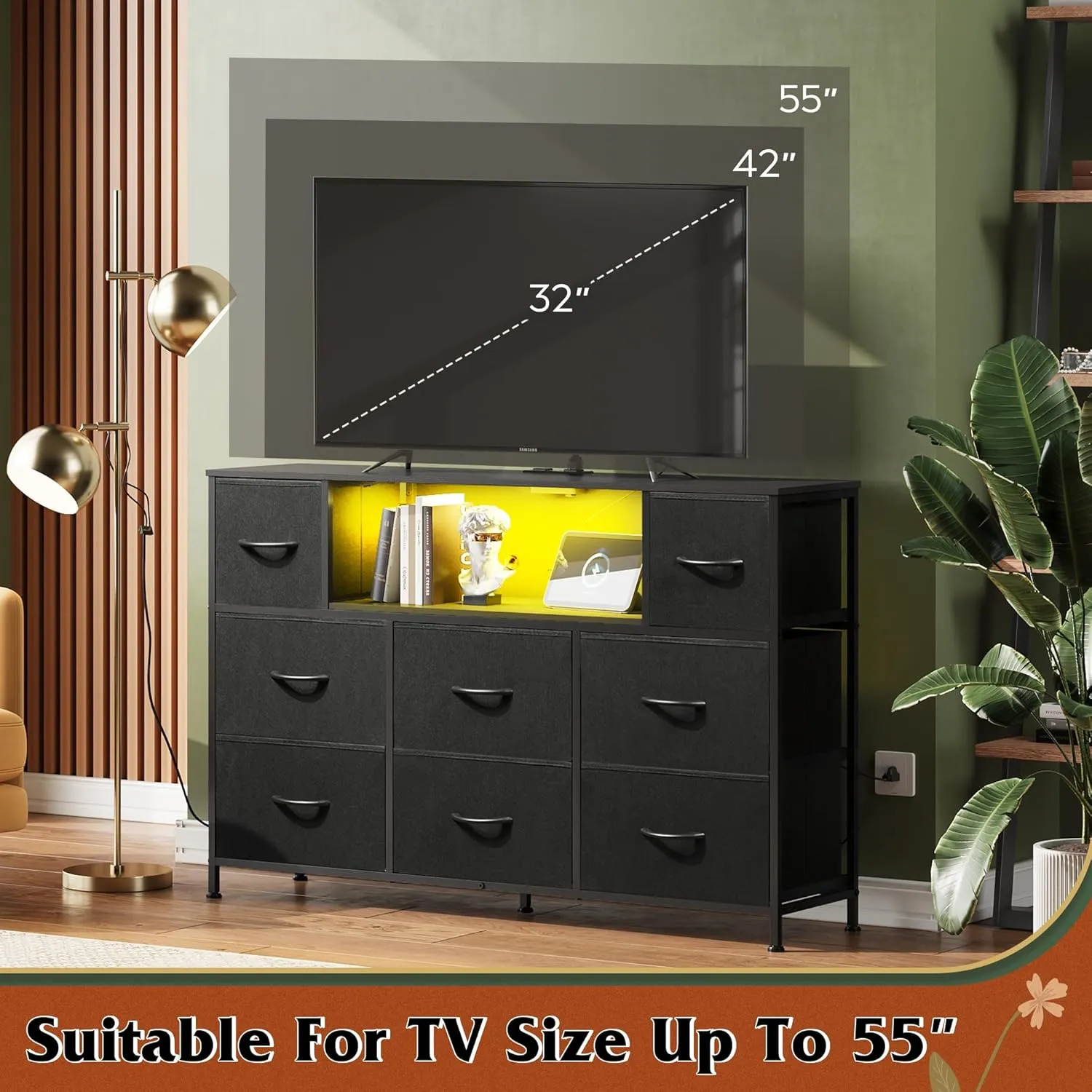 WLIVE Black Dresser for Bedroom, TV Stand for Bedroom for 50, 55 inch TV with Charging Station and LED Lights, Fabric Chest of Drawers with Open Shelves, 8 Drawer Dressers for Living Room, Closet