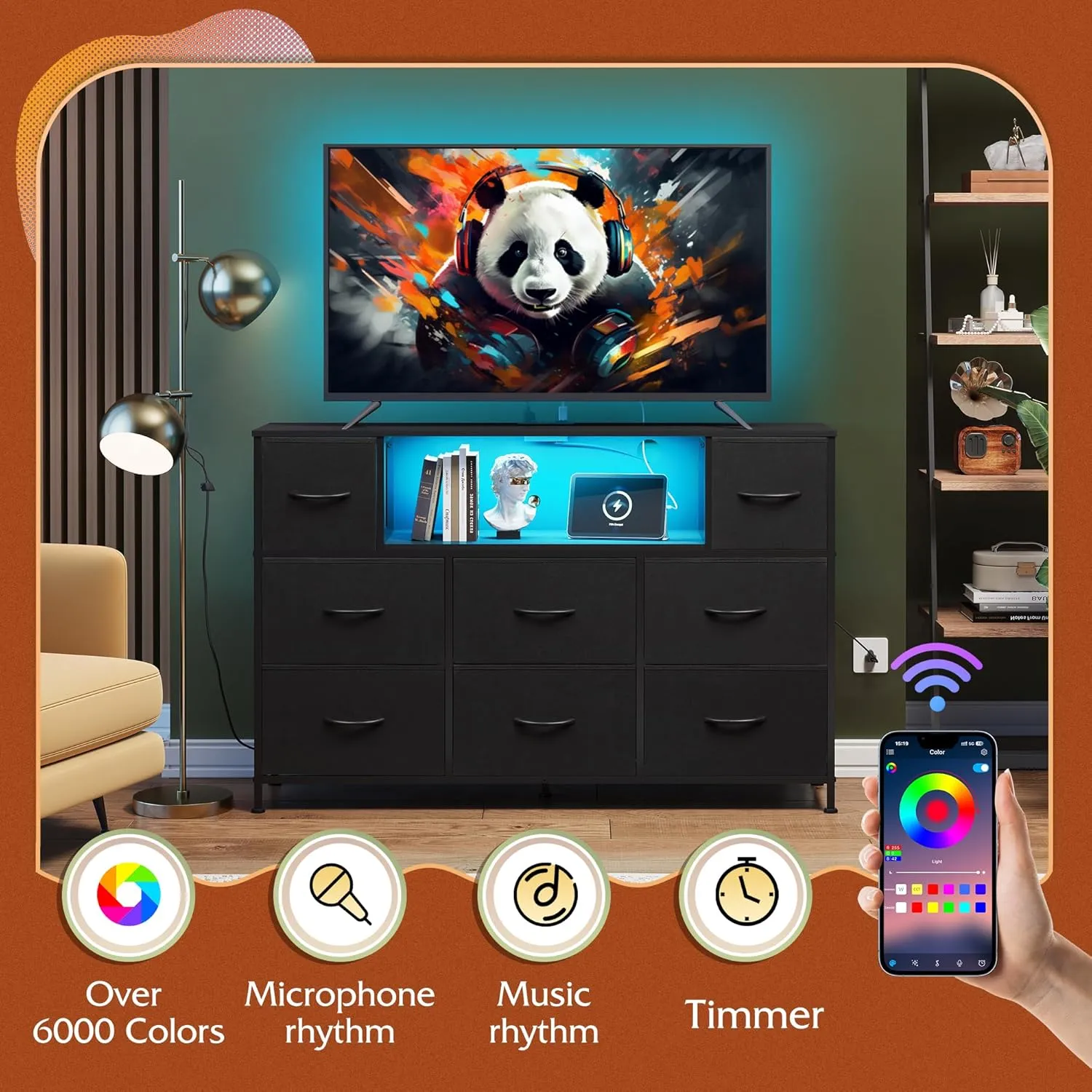 WLIVE Black Dresser for Bedroom, TV Stand for Bedroom for 50, 55 inch TV with Charging Station and LED Lights, Fabric Chest of Drawers with Open Shelves, 8 Drawer Dressers for Living Room, Closet