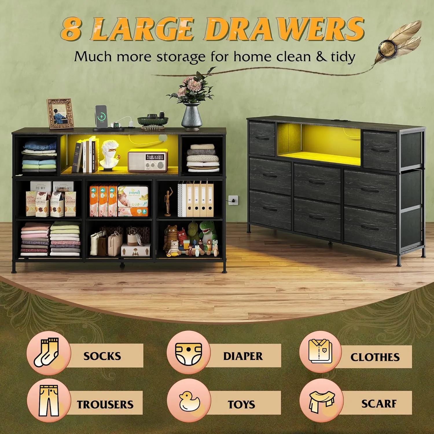 WLIVE Black Dresser for Bedroom, TV Stand for Bedroom for 50, 55 inch TV with Charging Station and LED Lights, Fabric Chest of Drawers with Open Shelves, 8 Drawer Dressers for Living Room, Closet