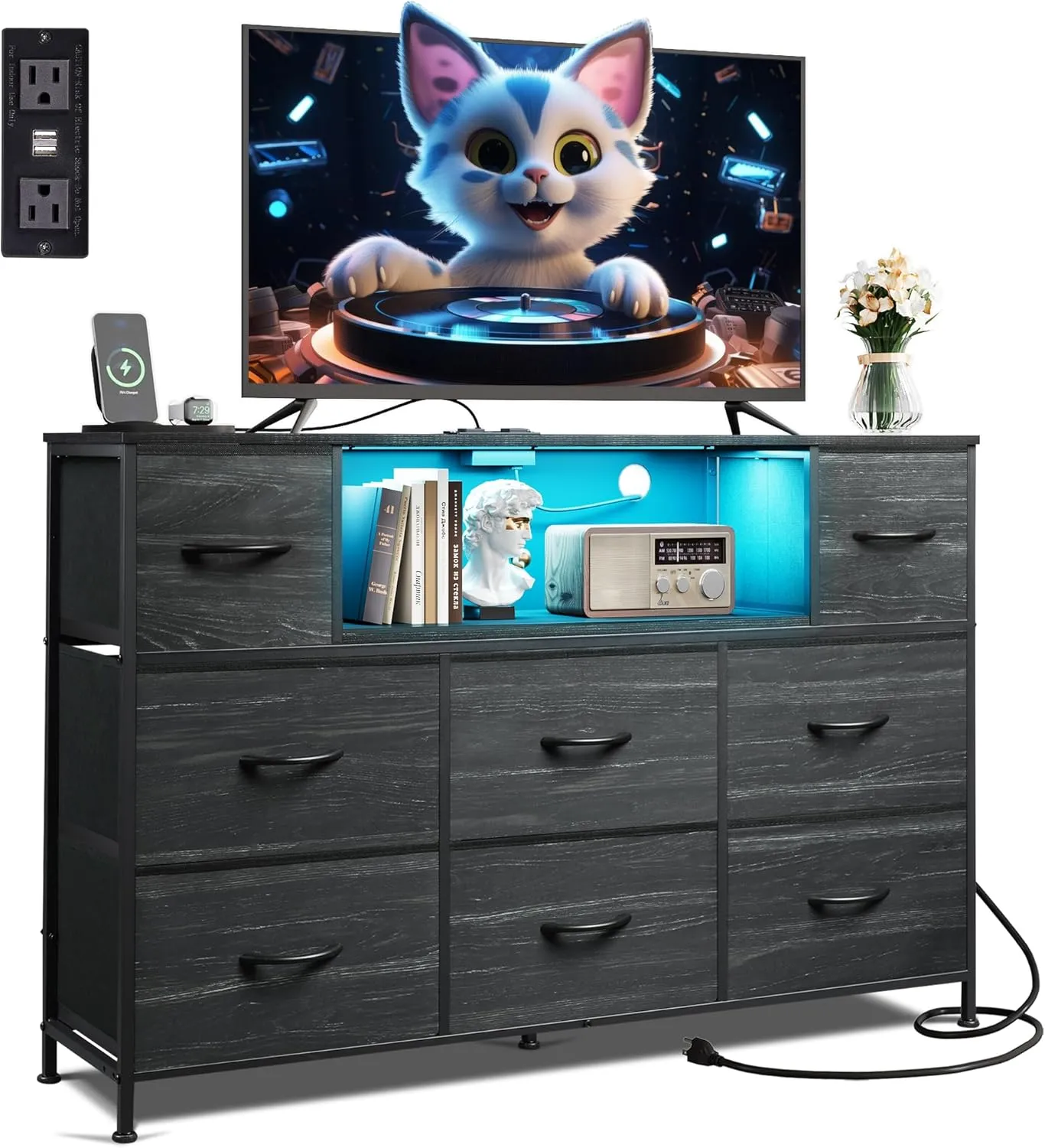 WLIVE Black Dresser for Bedroom, TV Stand for Bedroom for 50, 55 inch TV with Charging Station and LED Lights, Fabric Chest of Drawers with Open Shelves, 8 Drawer Dressers for Living Room, Closet