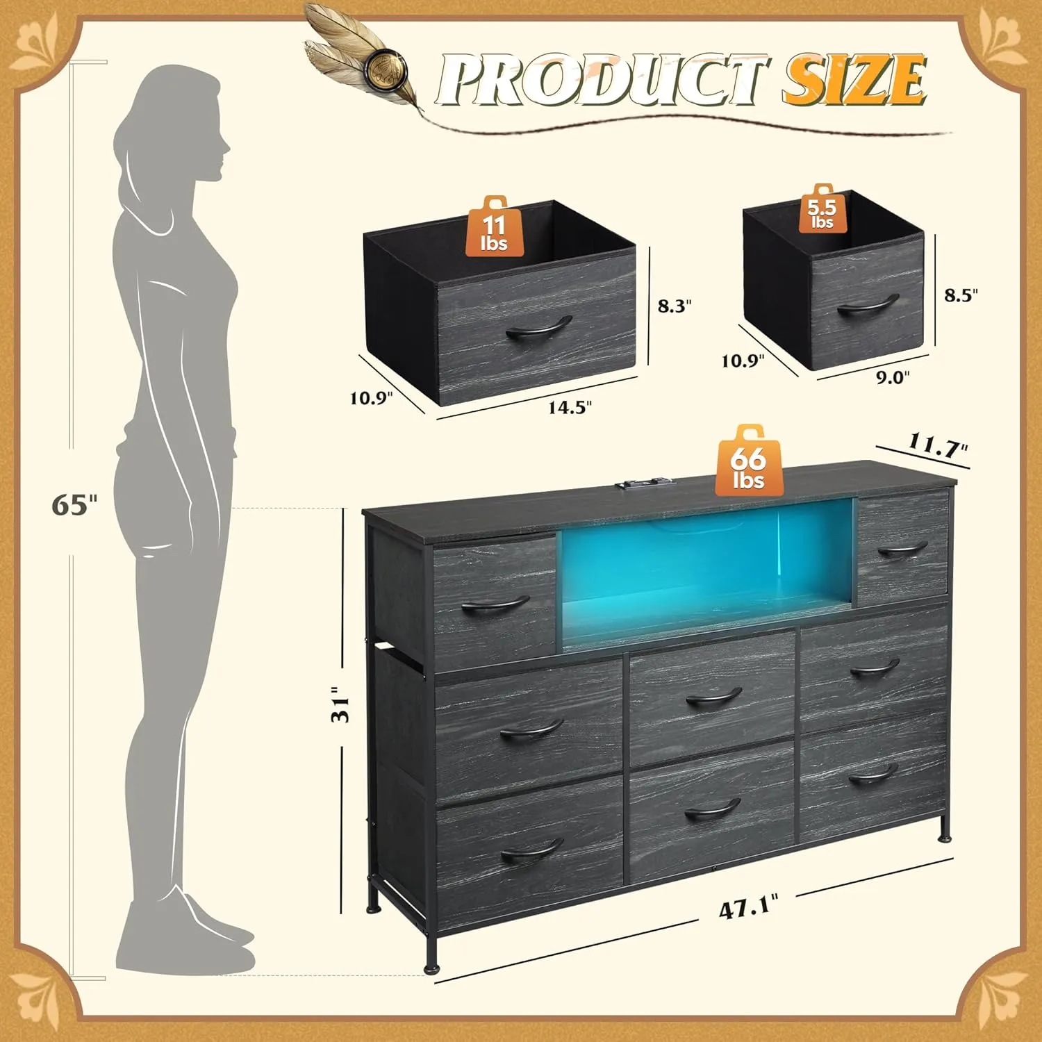 WLIVE Black Dresser for Bedroom, TV Stand for Bedroom for 50, 55 inch TV with Charging Station and LED Lights, Fabric Chest of Drawers with Open Shelves, 8 Drawer Dressers for Living Room, Closet