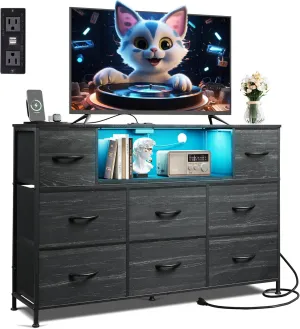 WLIVE Black Dresser for Bedroom, TV Stand for Bedroom for 50, 55 inch TV with Charging Station and LED Lights, Fabric Chest of Drawers with Open Shelves, 8 Drawer Dressers for Living Room, Closet