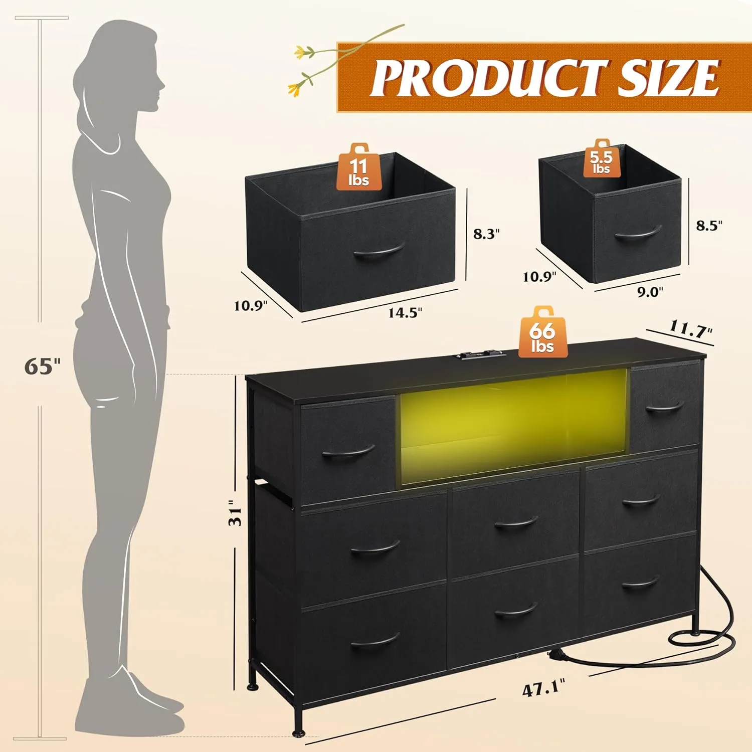 WLIVE Black Dresser for Bedroom, TV Stand for Bedroom for 50, 55 inch TV with Charging Station and LED Lights, Fabric Chest of Drawers with Open Shelves, 8 Drawer Dressers for Living Room, Closet