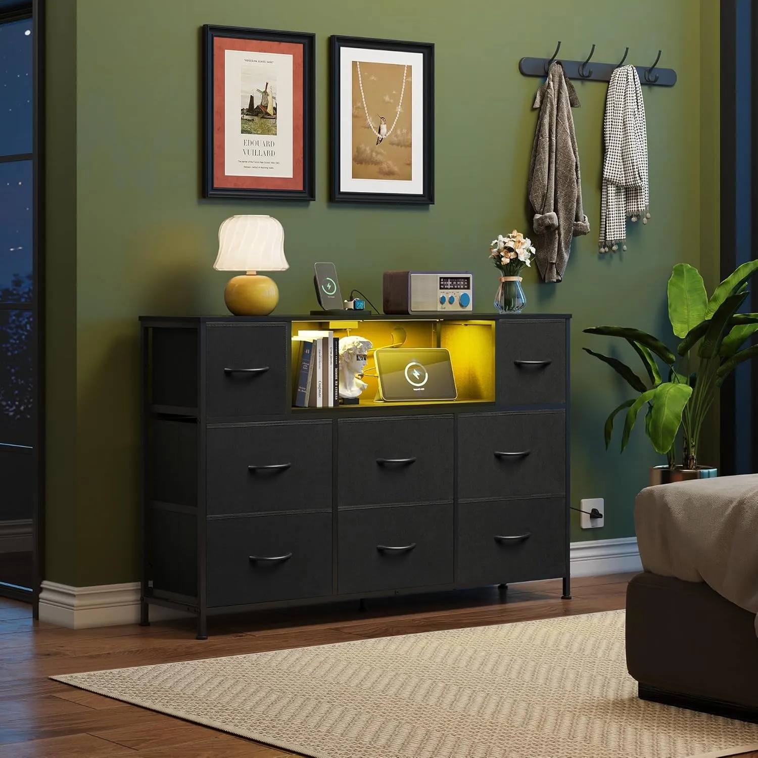 WLIVE Black Dresser for Bedroom, TV Stand for Bedroom for 50, 55 inch TV with Charging Station and LED Lights, Fabric Chest of Drawers with Open Shelves, 8 Drawer Dressers for Living Room, Closet