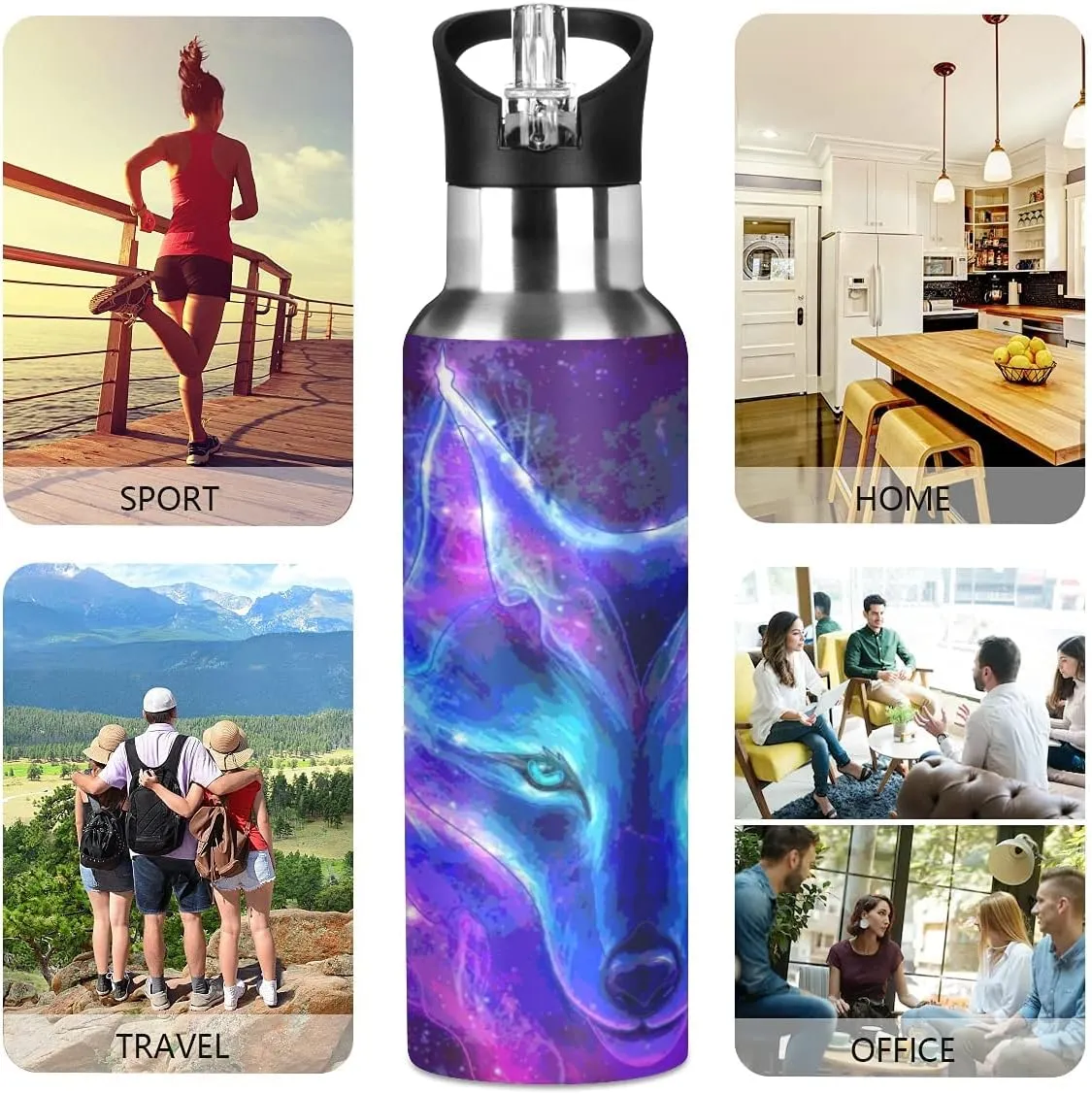 Wolf Water Bottle Galaxy Water Bottles for Girls Kids Wolves Cups with Straw Lid Insulated Stainless Steel Water Flask 20 oz