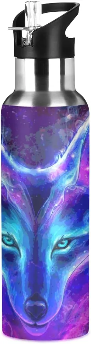Wolf Water Bottle Galaxy Water Bottles for Girls Kids Wolves Cups with Straw Lid Insulated Stainless Steel Water Flask 20 oz