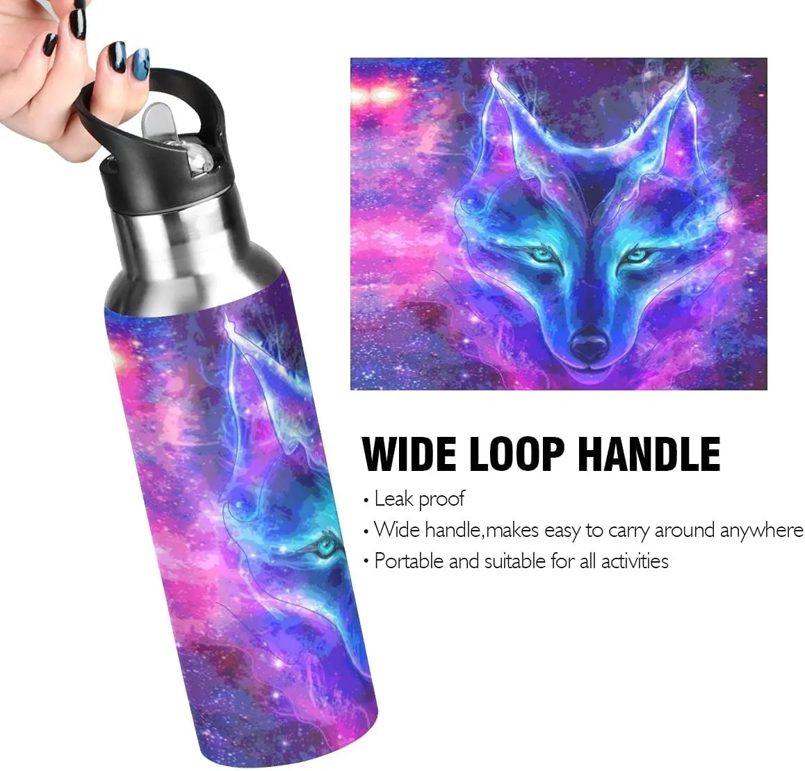 Wolf Water Bottle Galaxy Water Bottles for Girls Kids Wolves Cups with Straw Lid Insulated Stainless Steel Water Flask 20 oz