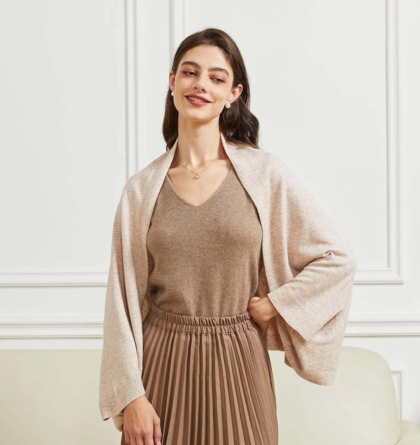 Women's Lightweight Wool Shawl Wrap Scarf with Sleeves Outer Warm Knitted Open Front Poncho Cape Fall Winter