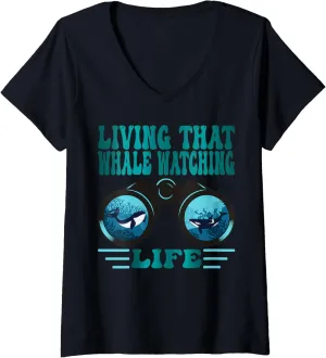 Womens Living that Whale watching life V-Neck T-Shirt